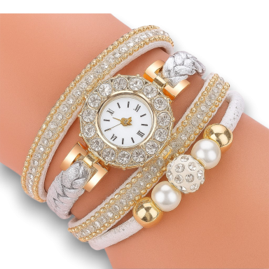 Elegant armbands med klocka, rhinestones och pärlor i guld och silver.